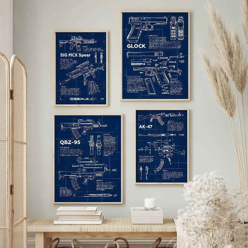 Vintage Firearm Firearm disassembly diagram Gun Posters Premium Self-Adhesive No Residue Wall Sticker for Home Office Bar Decor