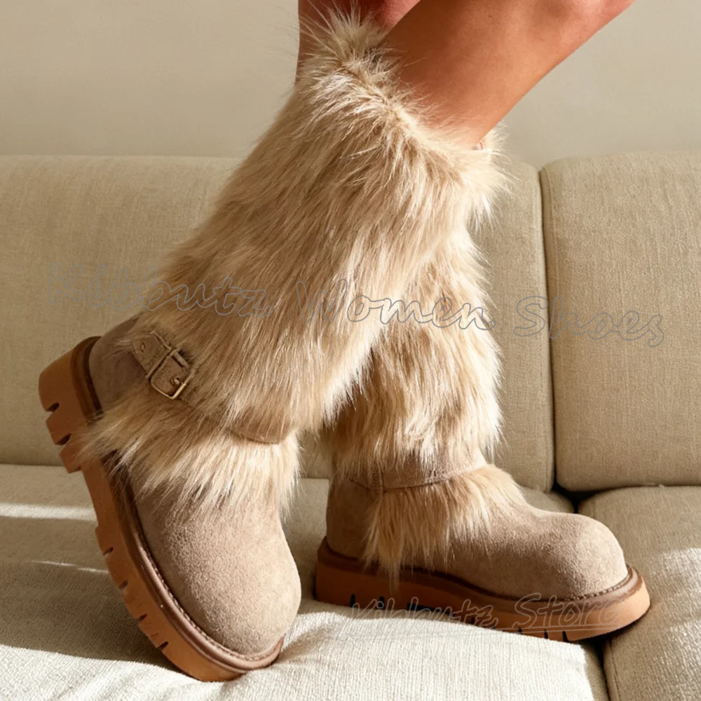Knee High Boots Furry Suede Patchwork Slip-On Round Toe Flat with Novelty Luxury Elegant Fashion Concise Spicy Girl Shoes Newest