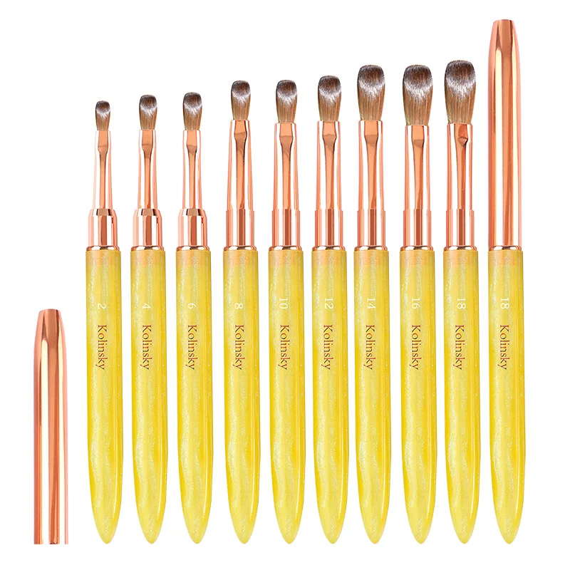 Kolinsky – brosse jaune pour Nail Art, stylo d'extension de Gel UV acrylique, vernis à ongles, peinture, dessin, brosse pour Nail Art, 1 pièce