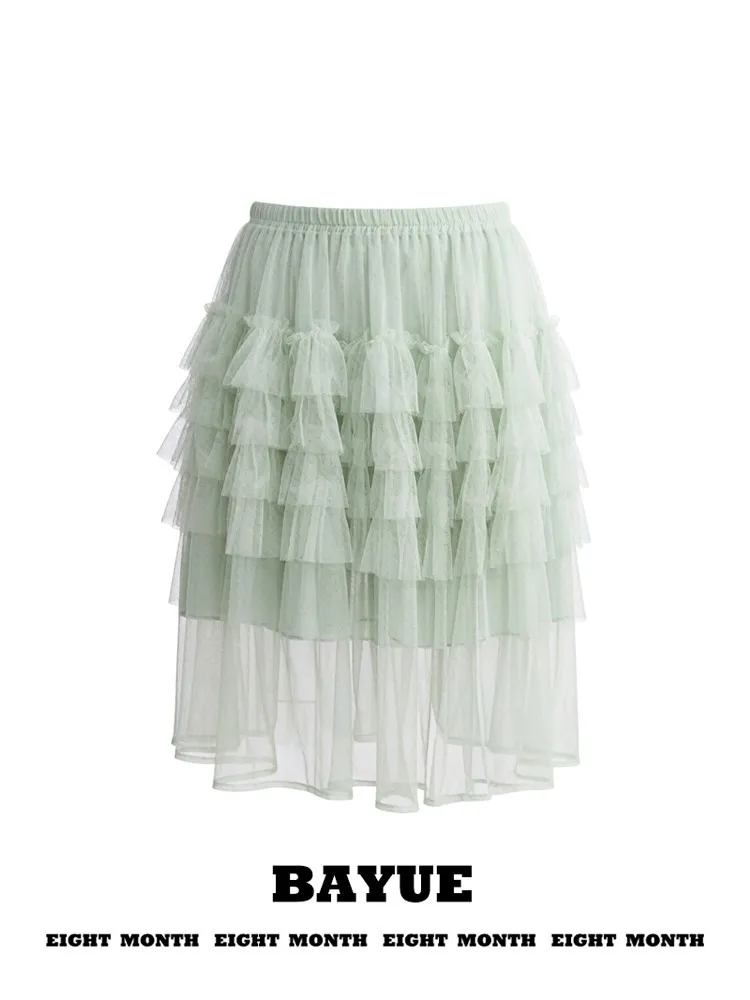 Mint Wave Green Lace Half Skirt Miu Series Sweet Puffy Cake Skirt Fairy Tale Forest System Mid-Length Women's High Waist