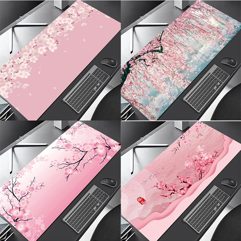 Kirschblüten-Mauspad, Pastellrosa Schreibtischunterlage, Niedliche Sakura-Blumen, XXL Große Japanische Gaming-Schreibtischunterlage