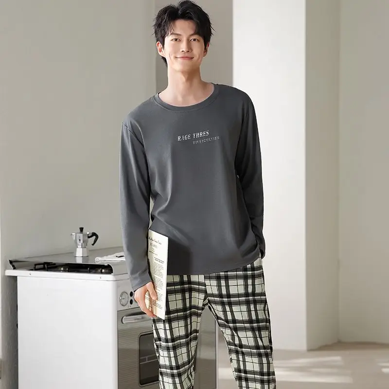 

2025 Autumn Plus Size Long Sleeve Casual Plaid Cotton Pajama Sets for Men Korean Loose Sleepwear Suit Male Homewear Home Clothes