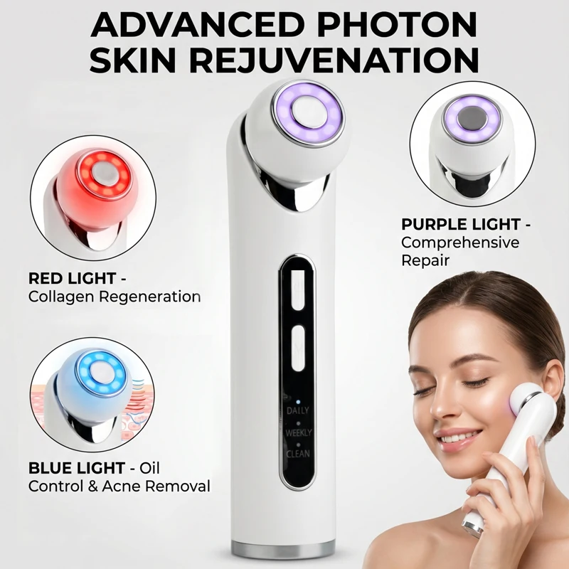 Multi-Functional Face Beauty Device with 3 Color LED Photon Therapy Sonic Vibration Massage for Home Salon Use Skincare Enhancer