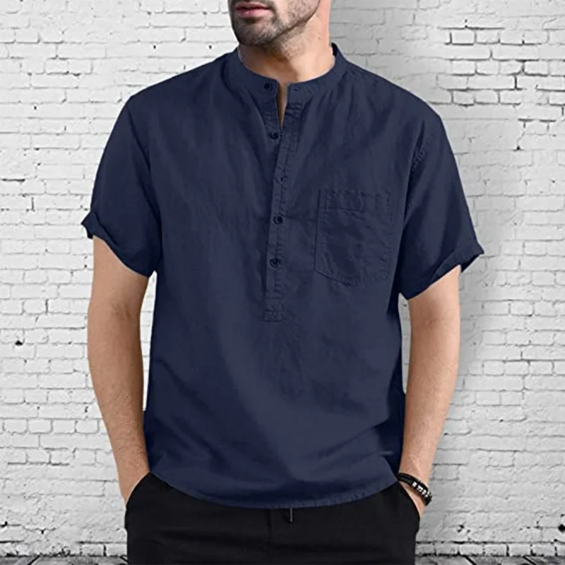 Casual Cotton Mandarin Collar Button Up Short Sleeve Shirt With Chest Pocket, Men\'s Hawaiian Shirt For Summer