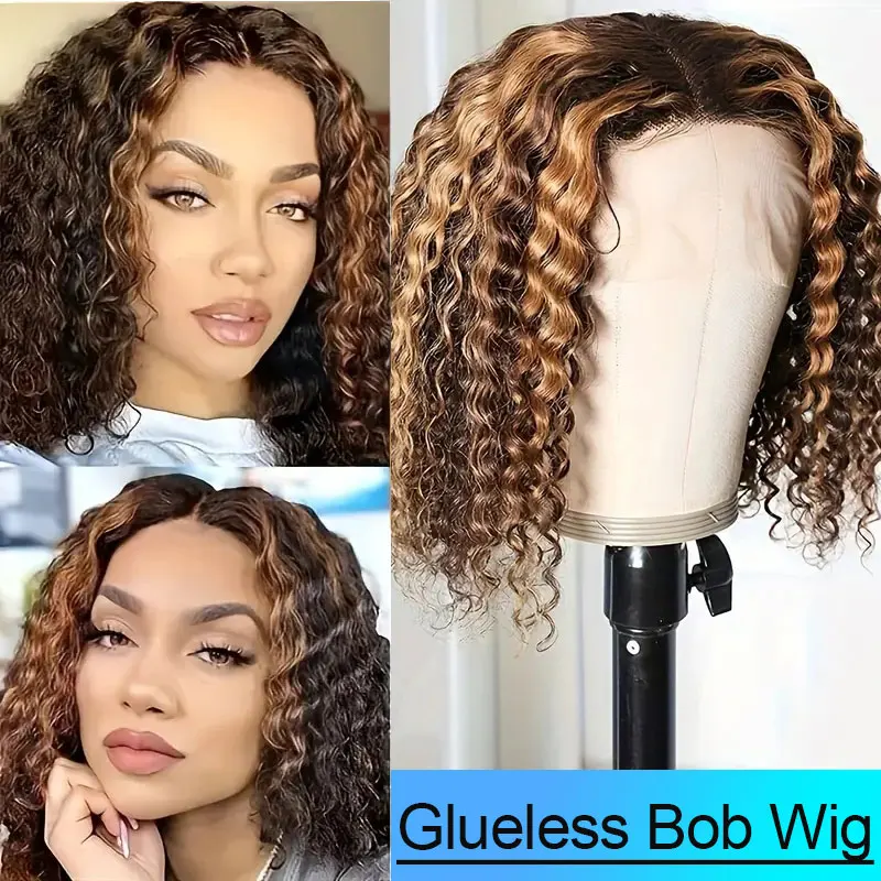 Deep Wave Bob Wig Human Hair Glueless Highlight 5x5 HD Lace Front 220% Density 4/27 Colored Ombre Wear and Go Human Hair Wigs image 3