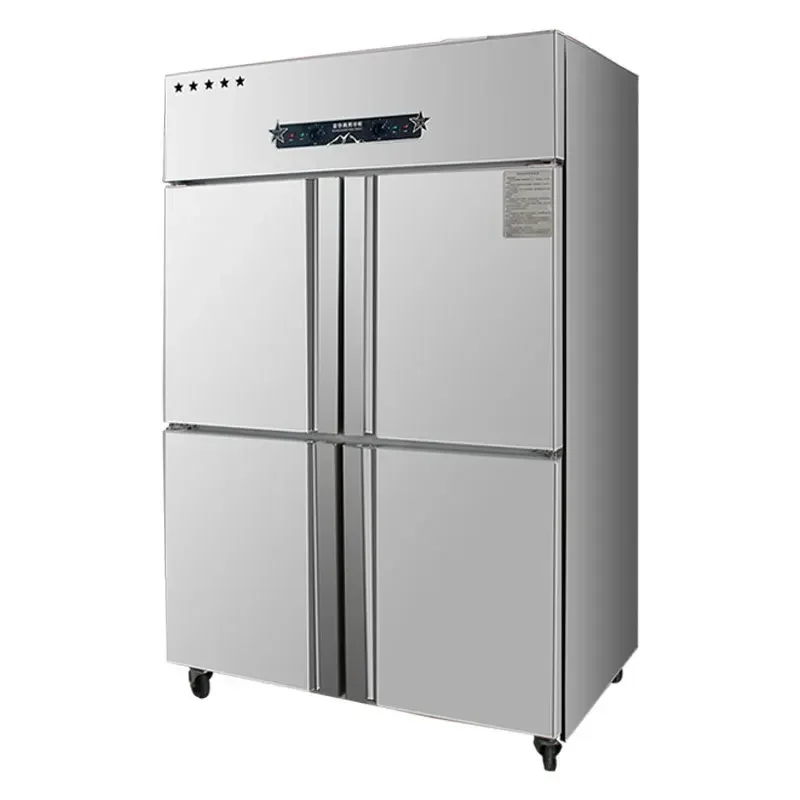 

Коммерческий дисплей, шкаф для хранения свежести, четырехдверный холодильник для кухонного оборудования, четырехдверная морозильная камера из нержавеющей стали