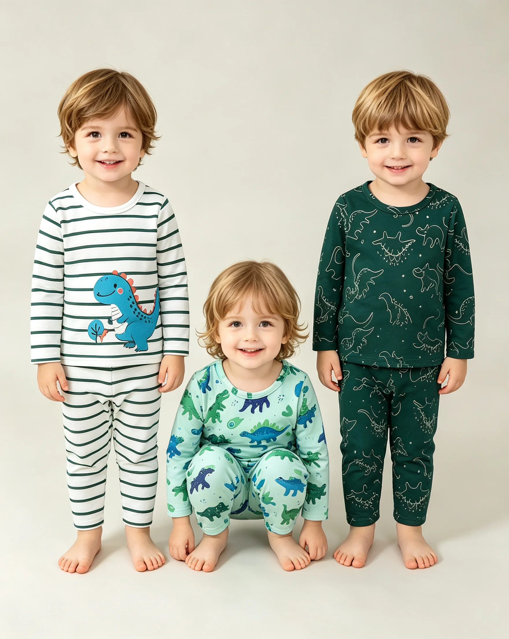 6-teiliges Frühlings-Herbst-Pyjama-Set für Jungen mit Dinosaurier-Motiv, 3 Stile, Cartoon-Dinosaurier-Druck, Langarm-Oberteile und Hosen, Kinder-Loungewear, Schlafanzug – Detail 2