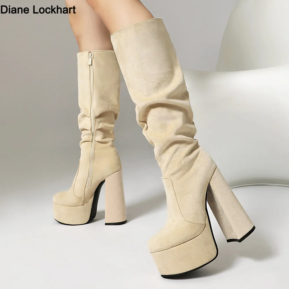 

Ultra Thick Heel Knee High Boots Frosted Suede Leather Side Zipper Long Tube Platform New Size 35-47 Flocked Fashion Footwear
