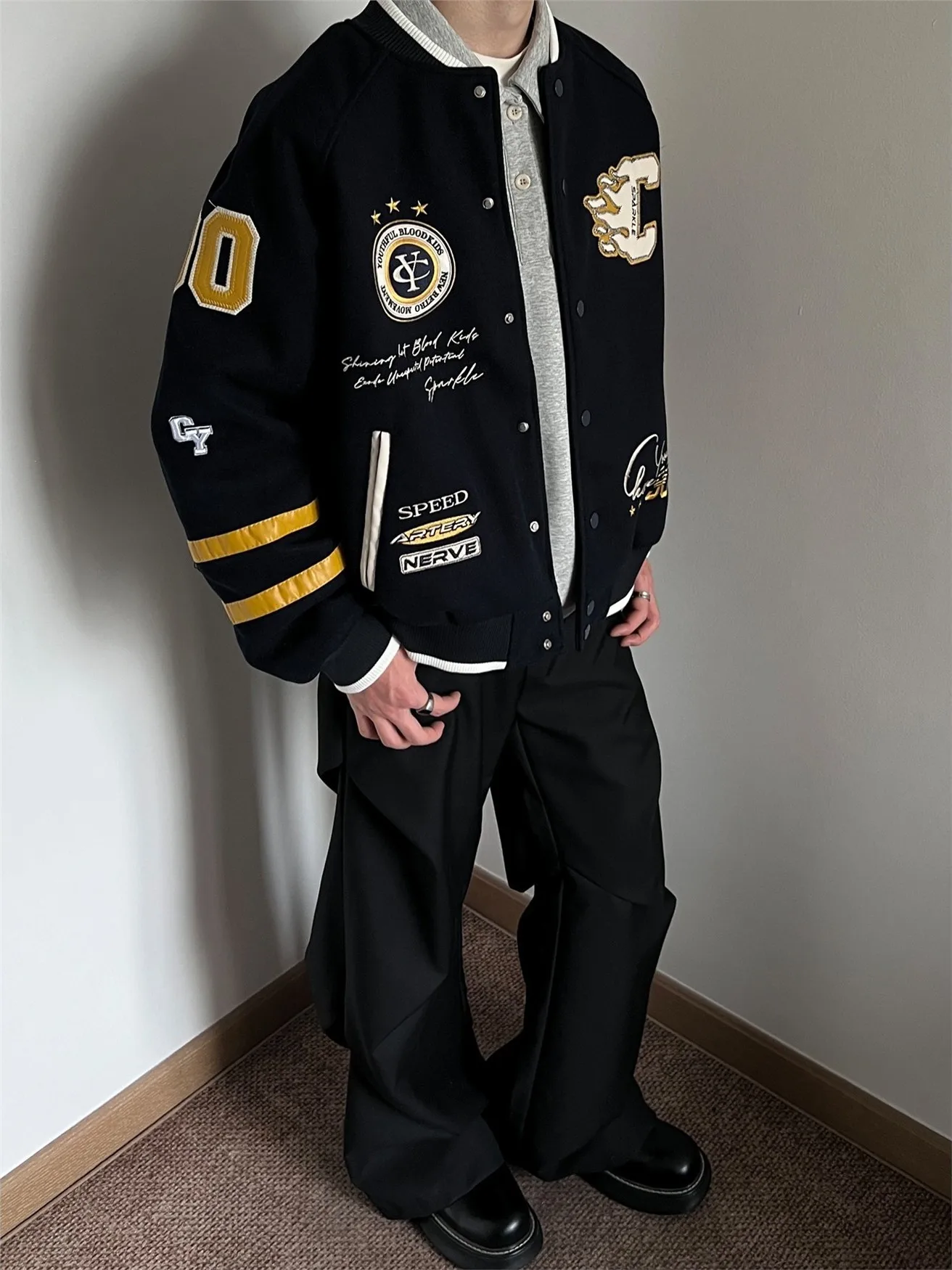 

Retro American Embroidered Baseball Jaet PU Leather Casual Loose Women's Sle Autumn Season Couple Matching Coat