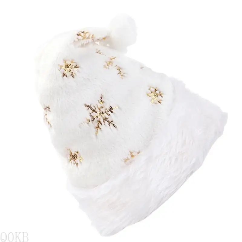 AP28 White Plush Christmas Hat   Costume for Adults Men Women with Gold/Silver Snowflake Soft Holiday Decor Supply