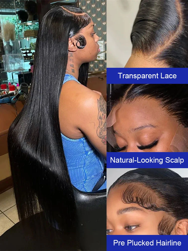 Original Vietnamese Virgin Transparent 13x6 13x4 HD Lace Front Human Hair Wigs Invisible Breathable Swiss Lace Glueless Wig PrePlucked For Women 300 High Density 40 Inch Bone Straight Human Hair Lace  image 2