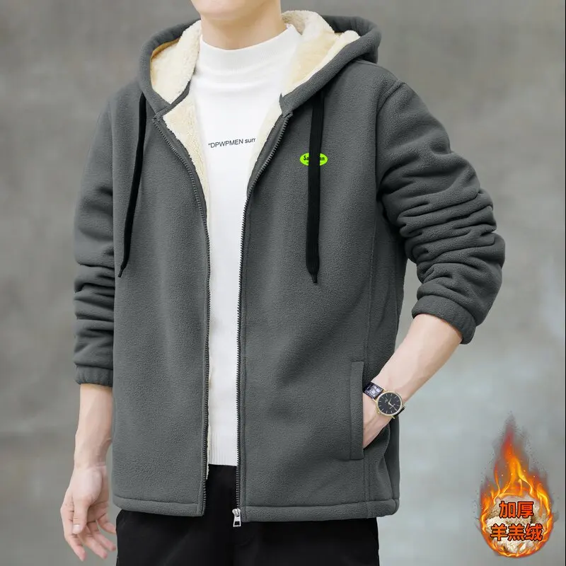 2024 Autumn/Winter New Fashion Sports Thick Warm Lamb Wool Coat Men's Casual Loose Large Size High Quality Hooded Jacket M-4XL