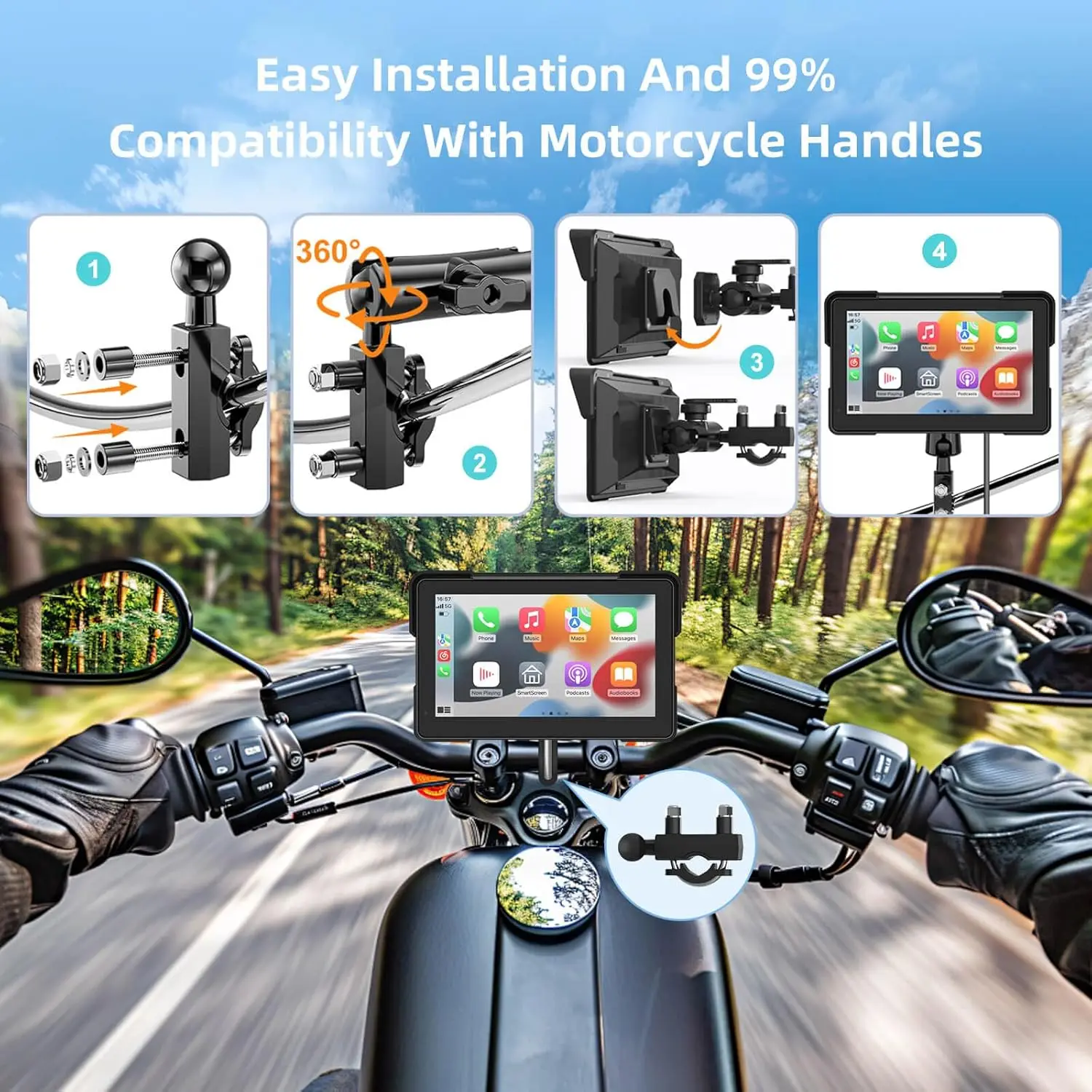 Navigazione GPS per moto wireless da 7 pollici CarPlay e Android Auto, schermo portatile impermeabile con doppio Bluetooth, controllo vocale,