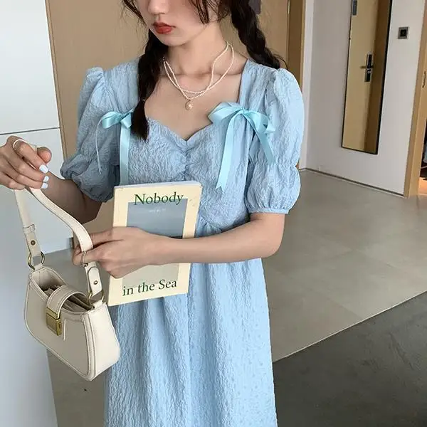 2025 New Summer Bubble Sleeve Princess Dress with Bareback Bow Strap Fairy Dress