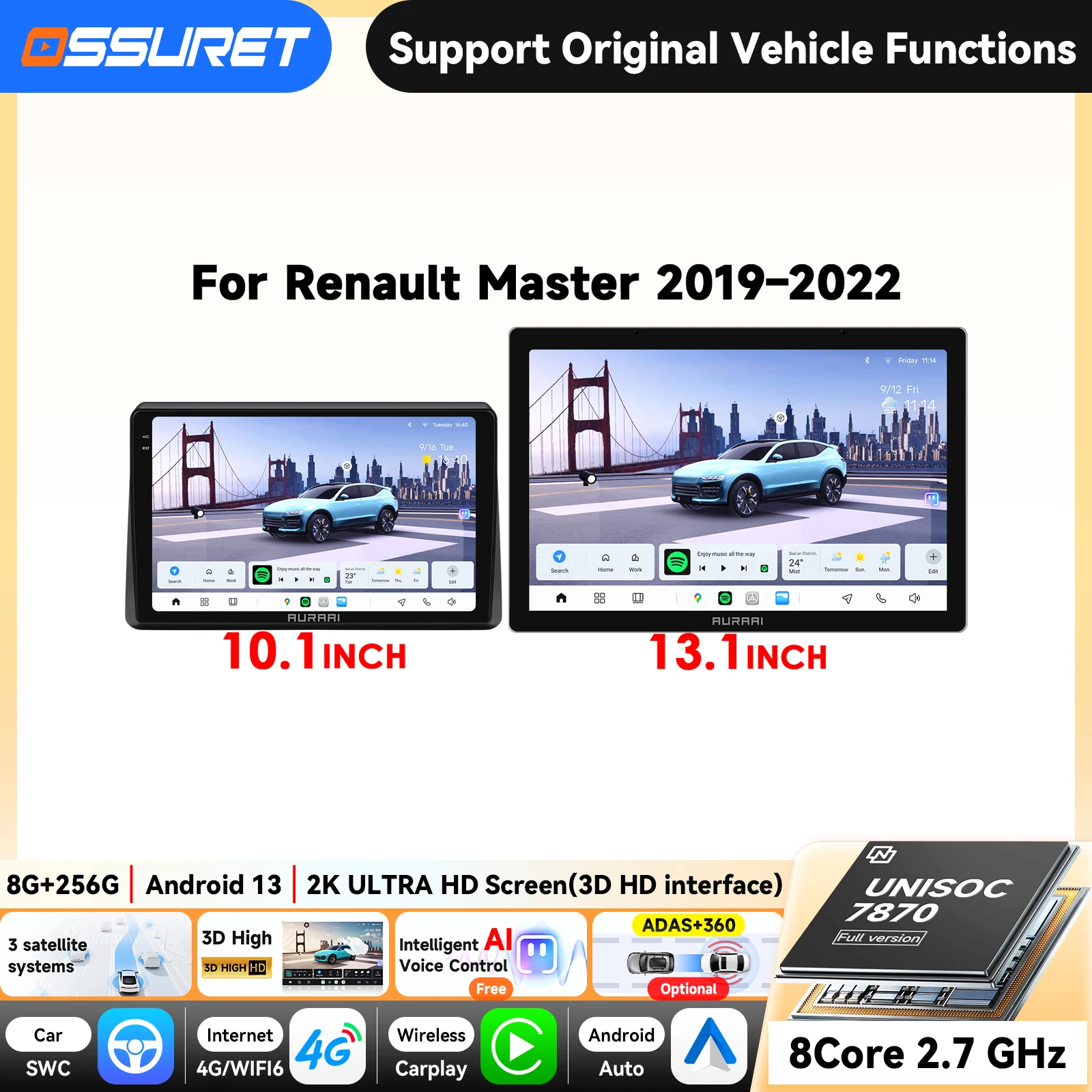 OSSURET For RENAULT MASTER 2019-2022 Car Radio Carplay Intelligent System GPS Navi Android Auto WiFi 2K HD Screen RDS 4G OBD FM