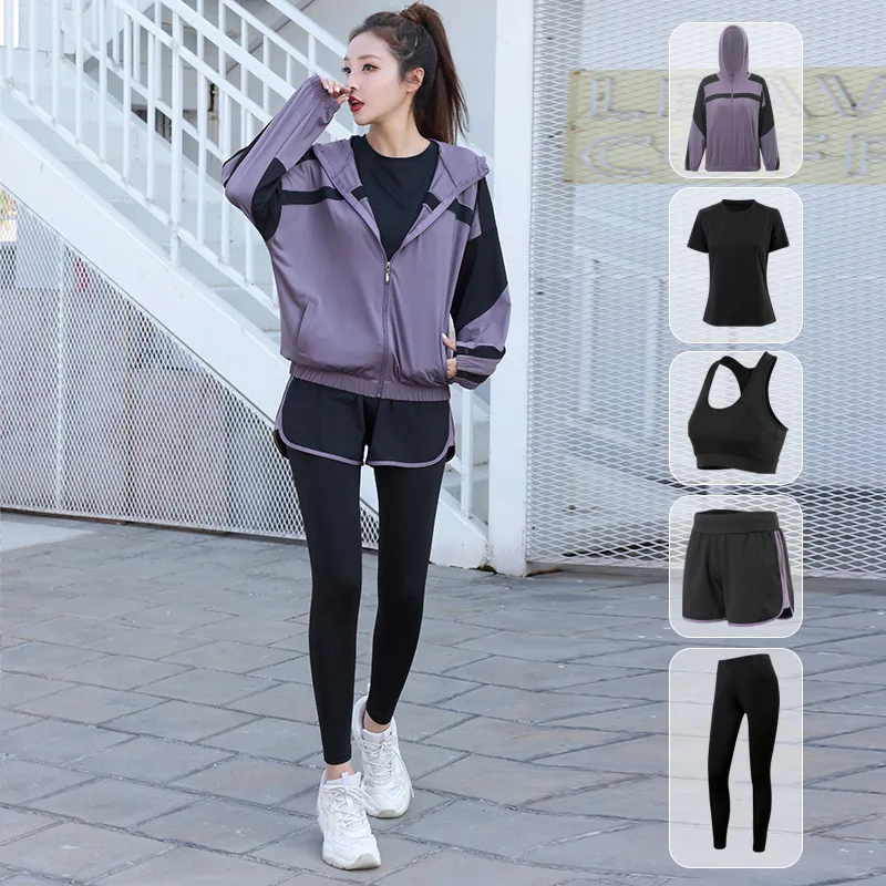 Conjunto deportivo de Yoga para mujer, ropa de entrenamiento para correr, abrigos, sujetador, camiseta, pantalones y pantalones cortos, chándal de gimnasio para Fitness