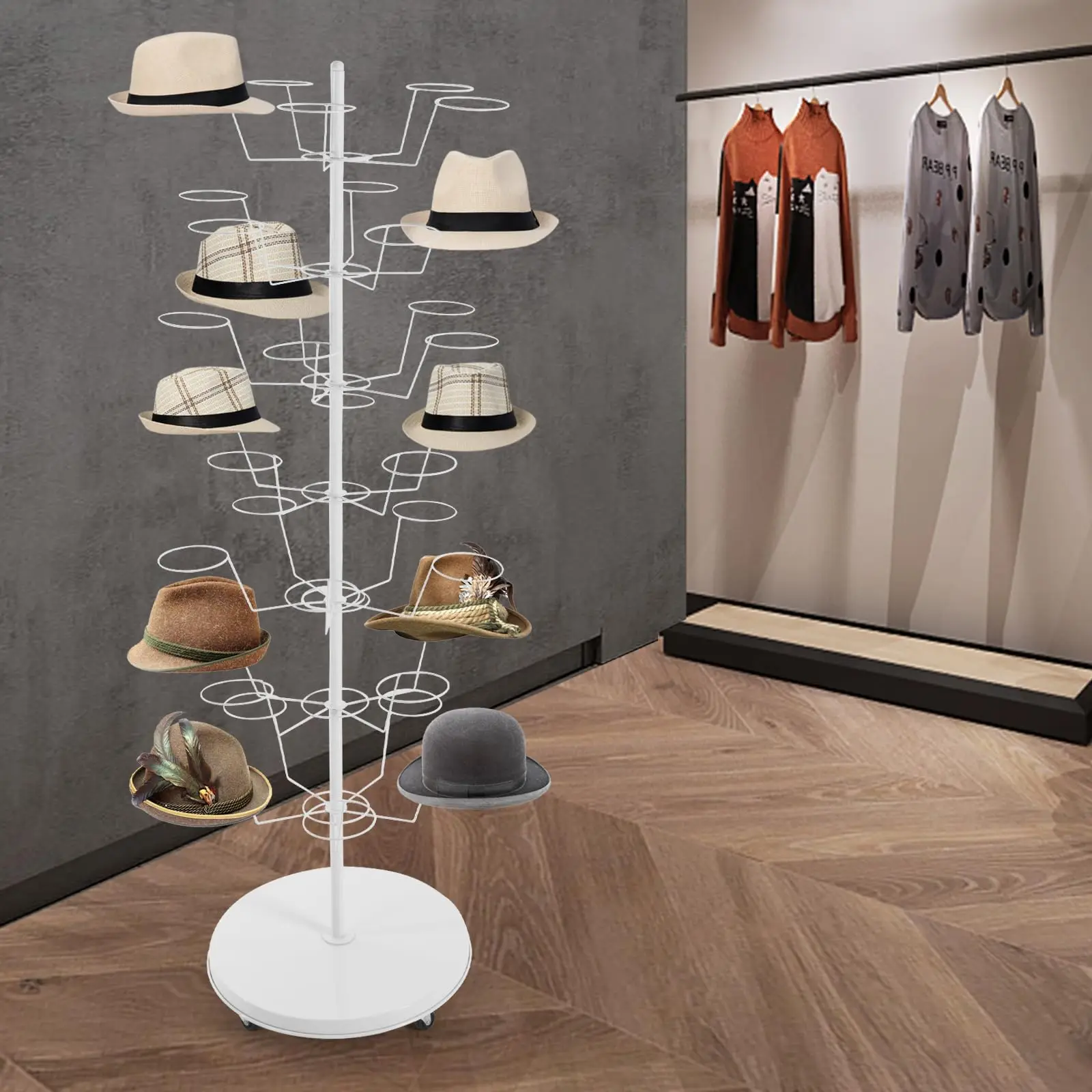 7 Tiers Freestanding Metal Pipe Hat Rack Stand with 35 Hangers Floor-Standing Hat Holder Rack White Hat Display Stand for Baseba