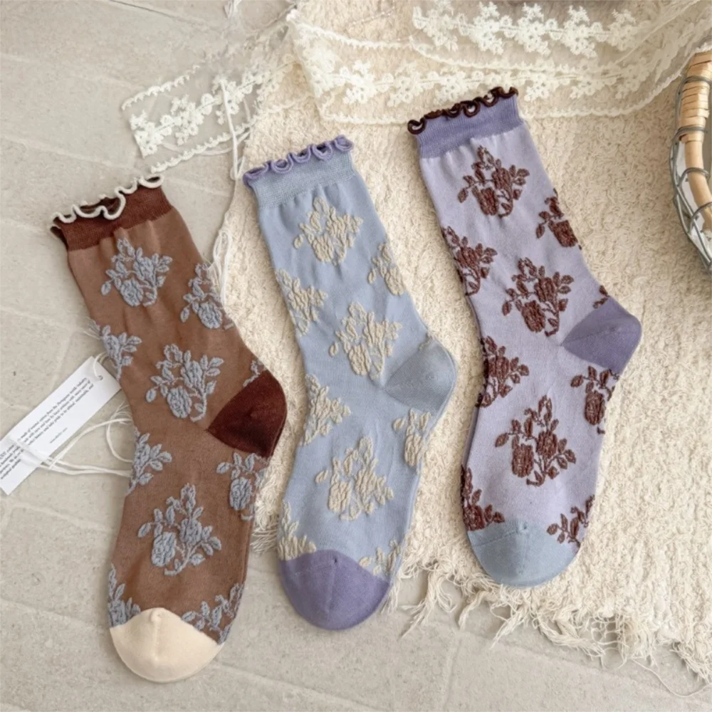 

Fashion Casual Flower Socks Sweat Absorption Retro Mid Tube Socks Breathable Ruffle Socking Autumn