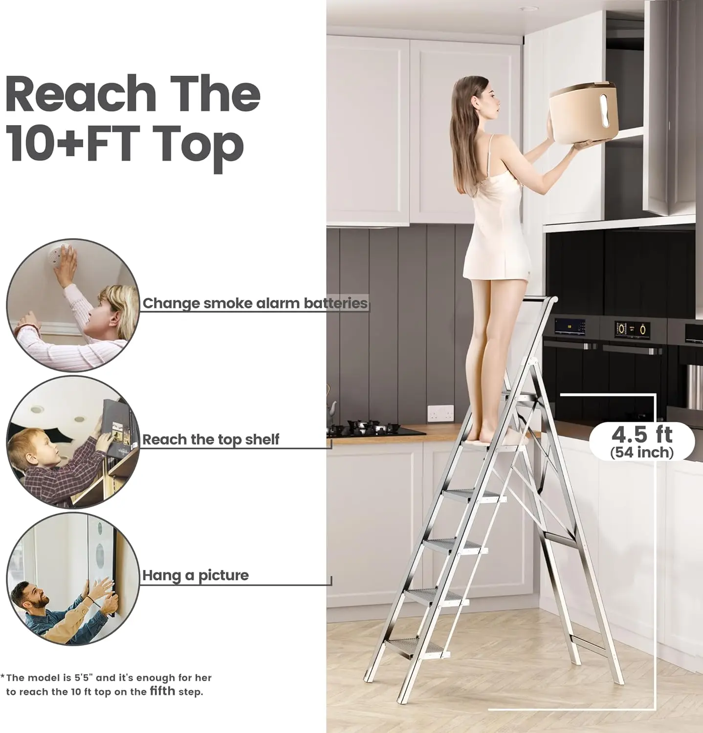 6 Step Ladder, Folding Step Stool with Handgrip and Anti-Slip Wide Pedal, Portable Lightweight Aluminum Stepladder for Kitchen