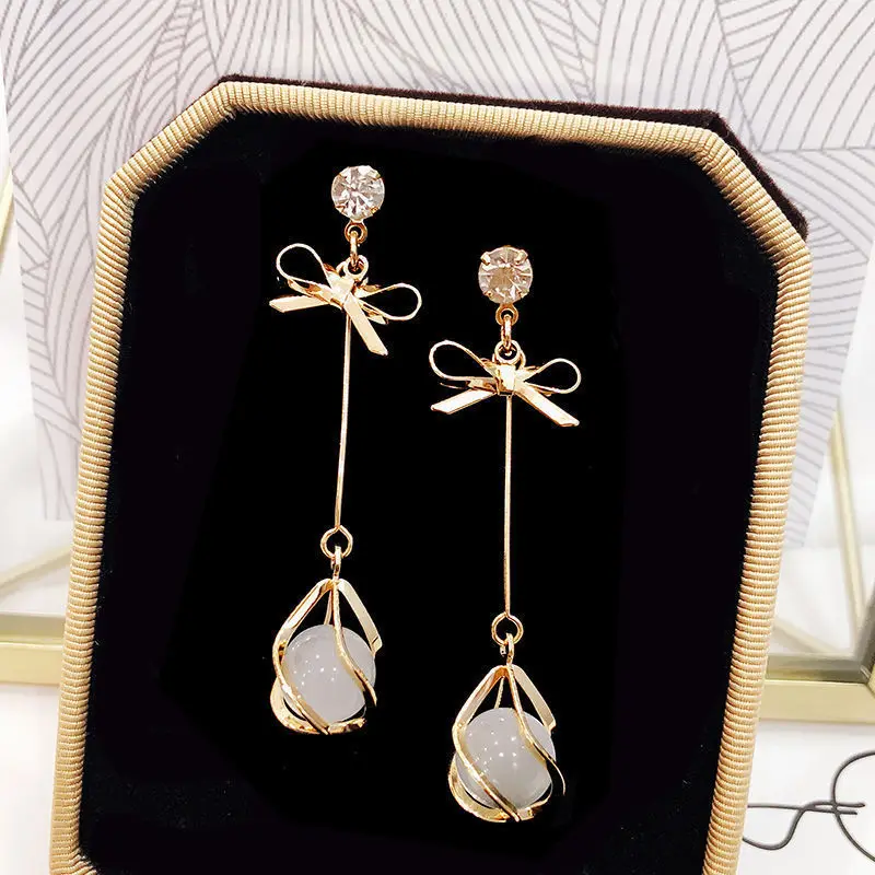 Small and Versatile 925 Silver Needle Earrings, Long Bow Cat Eye Stone Earrings, Instagram Style Personalized Earrings