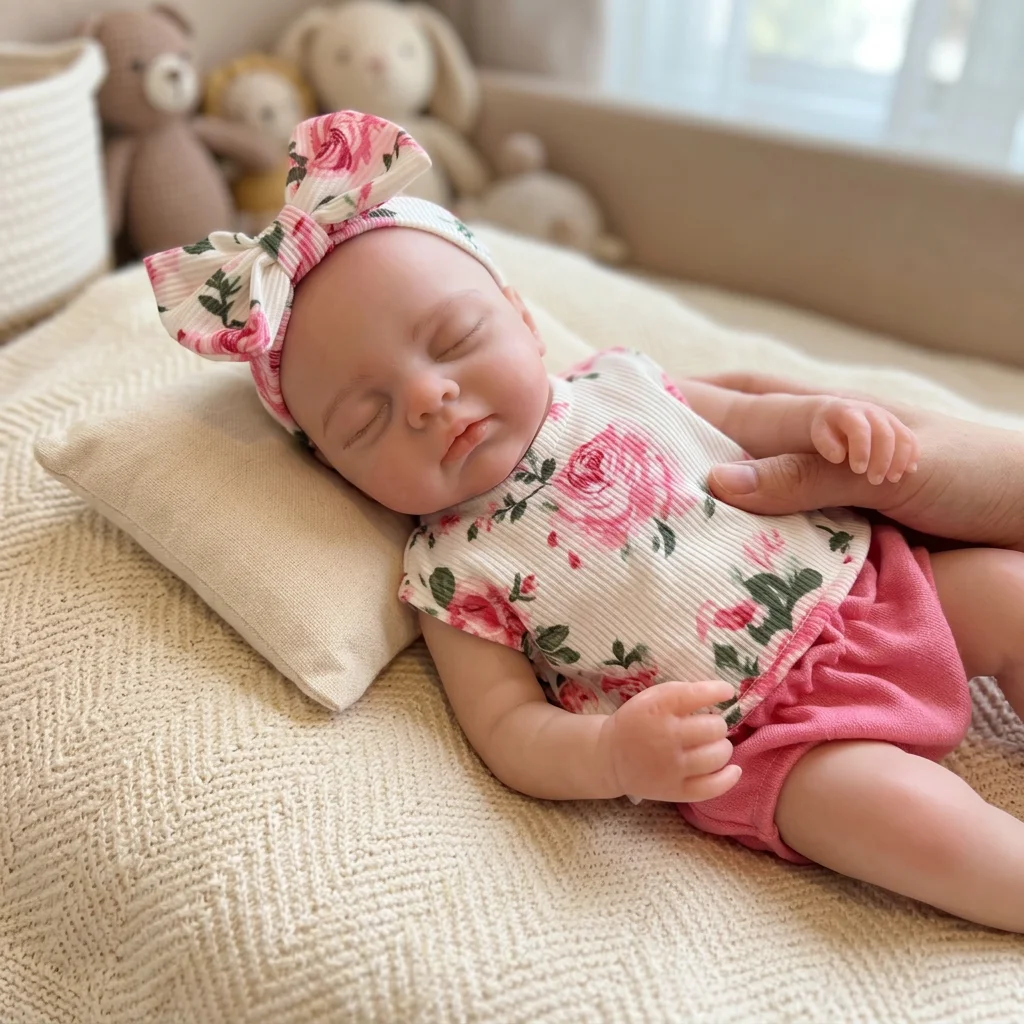 13 Inch Reborn Baby Doll Bald Full Body Solid Silicone Closed Eyes Sleeping Lifelike Newborn Hand Painted Real Touch Washable Collectible Art Doll