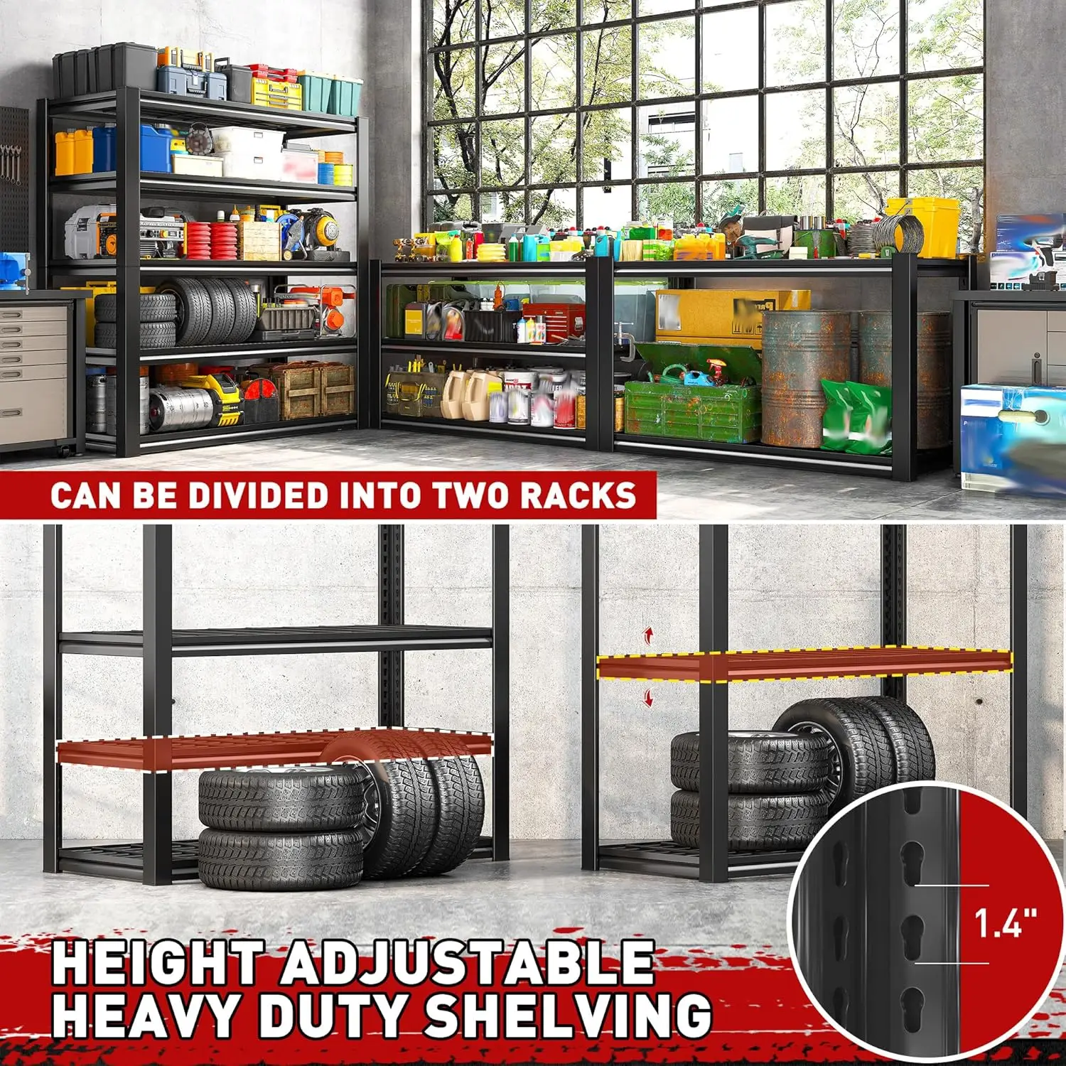 Garage Shelving 3000LBS, Heavy Duty Storage Shelves, Adjustable Industrial Metal Shelving Unit for Garage,36" W x 16" D x 72" H image 6