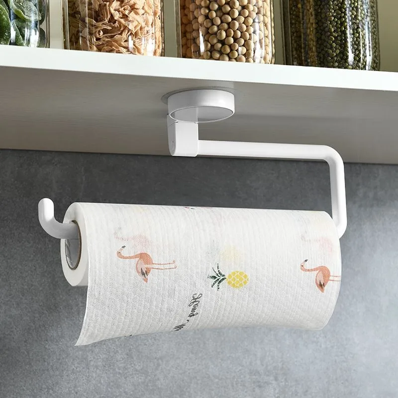 

Punch Free Kitchen Paper Towel Rack Wall Mounted Cling Film Bag Storage Rag Roll Paper Hanging Shelf Organizer