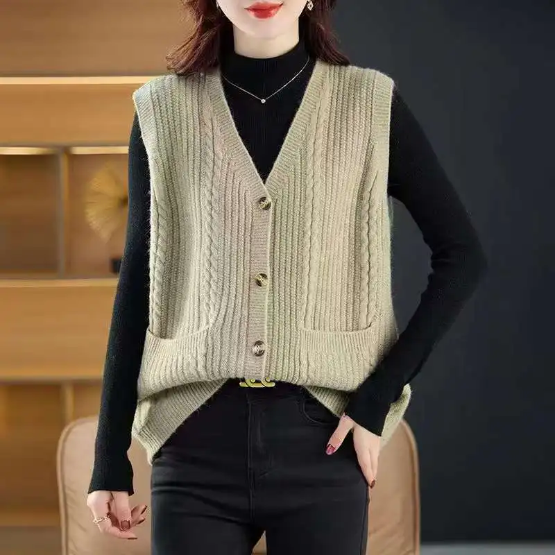 

Осенний новый однотонный вязаный кардиган, жилет, модный свободный свитер без рукавов, жилет, куртка