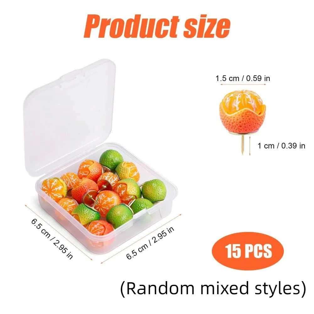 Picture 7: 15Pcs Portable Creative Simulated Fruit Push Pins 3D Reusable Orange Pushpins with Box Multifunctional Thumb Tacks Corkboard
