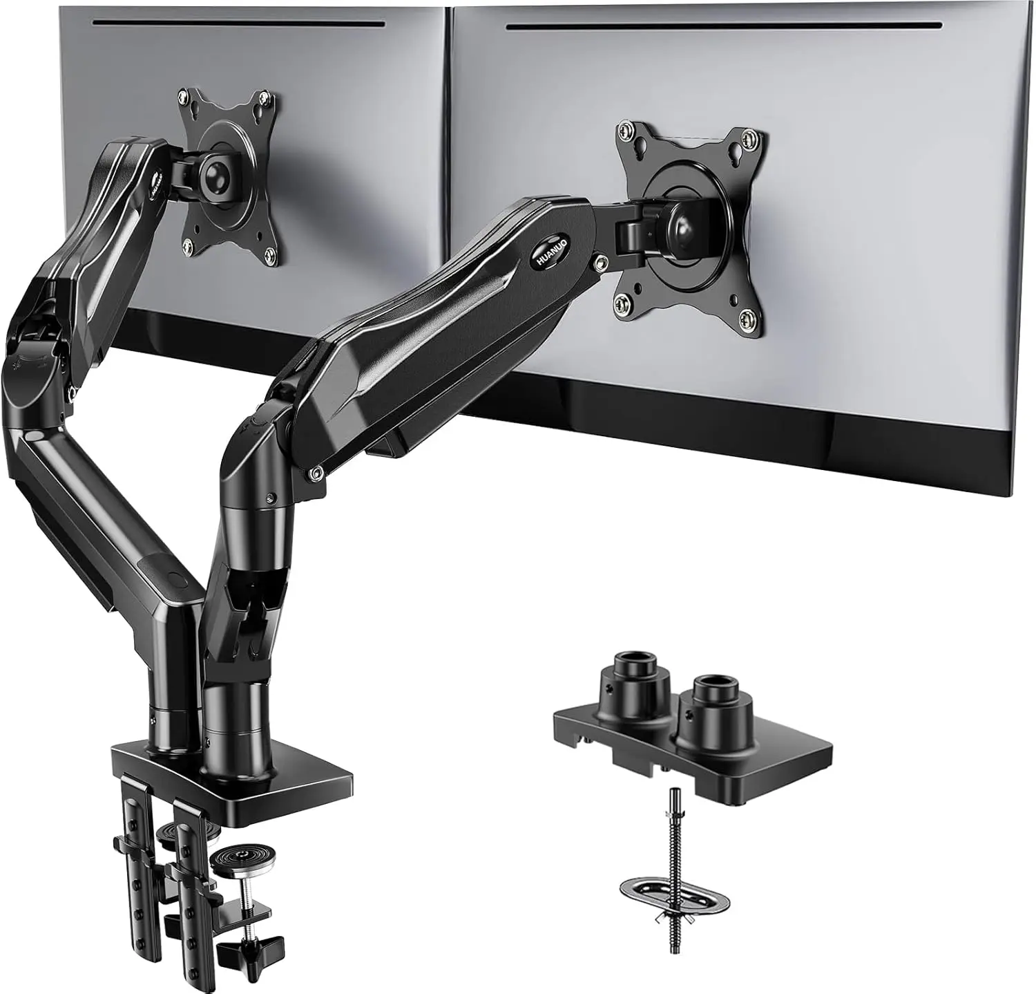 

Dual Monitor Stand, Fully Adjustable Desk Mount for 13-32" Screens, VESA Compatible with C-Clamp & Grommet Base
