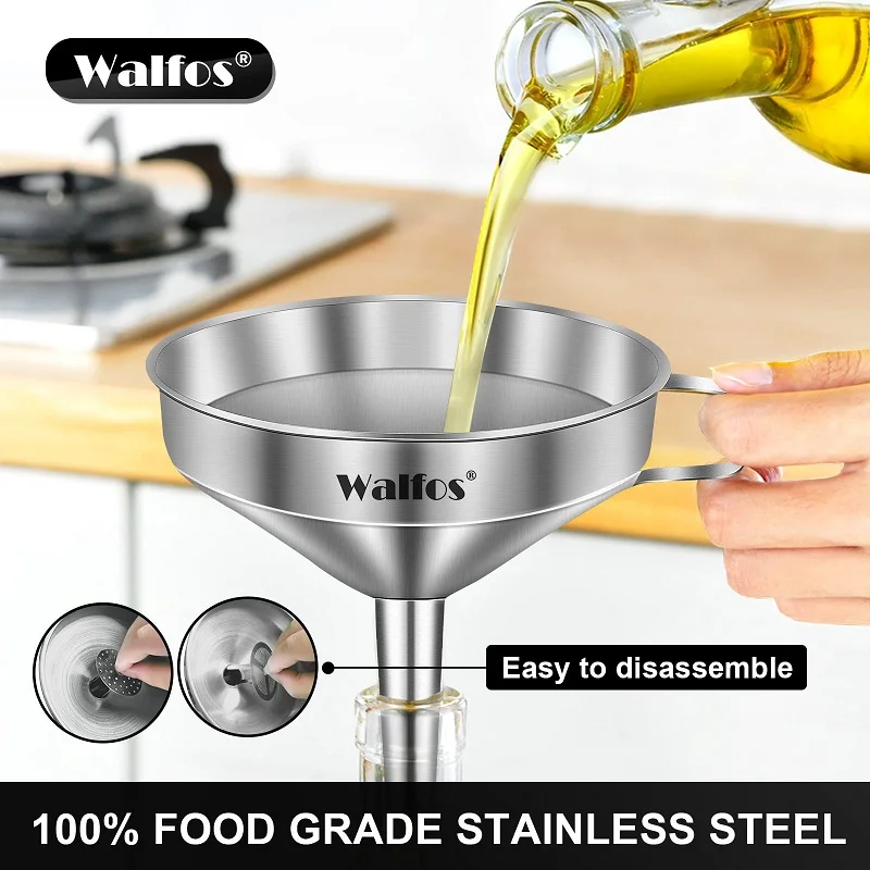 WALFOS1pcs/2pcs/3pcs Stainless Steel Funnel Kitchen Oil Funnel Metal Funnel With Removable Filter Wide Mouth Funnel Canning Tool