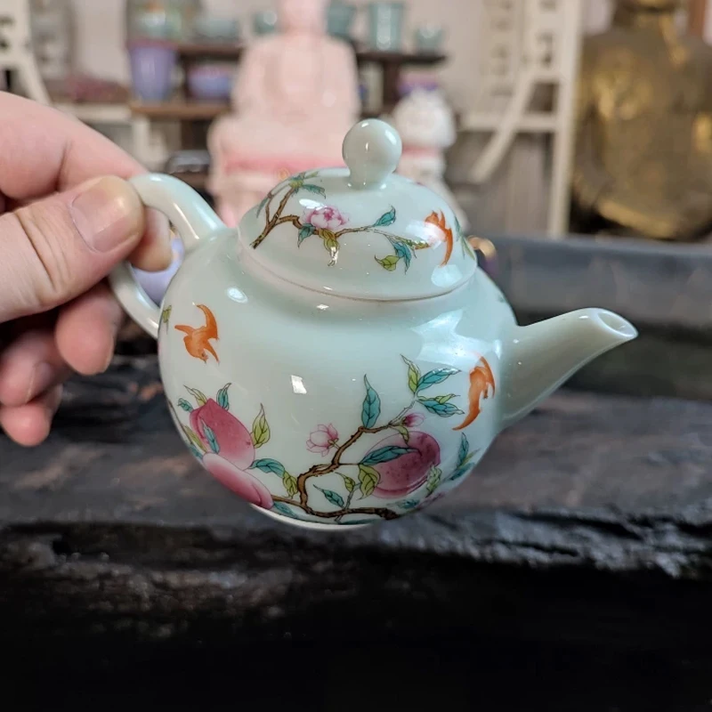 Chinese Style Celadon Nine Peach Pattern Teapot, Kung Fu Tea Set, Household Office Indoor Supplies, 220 ML, Single Tea Pots, 1Pc