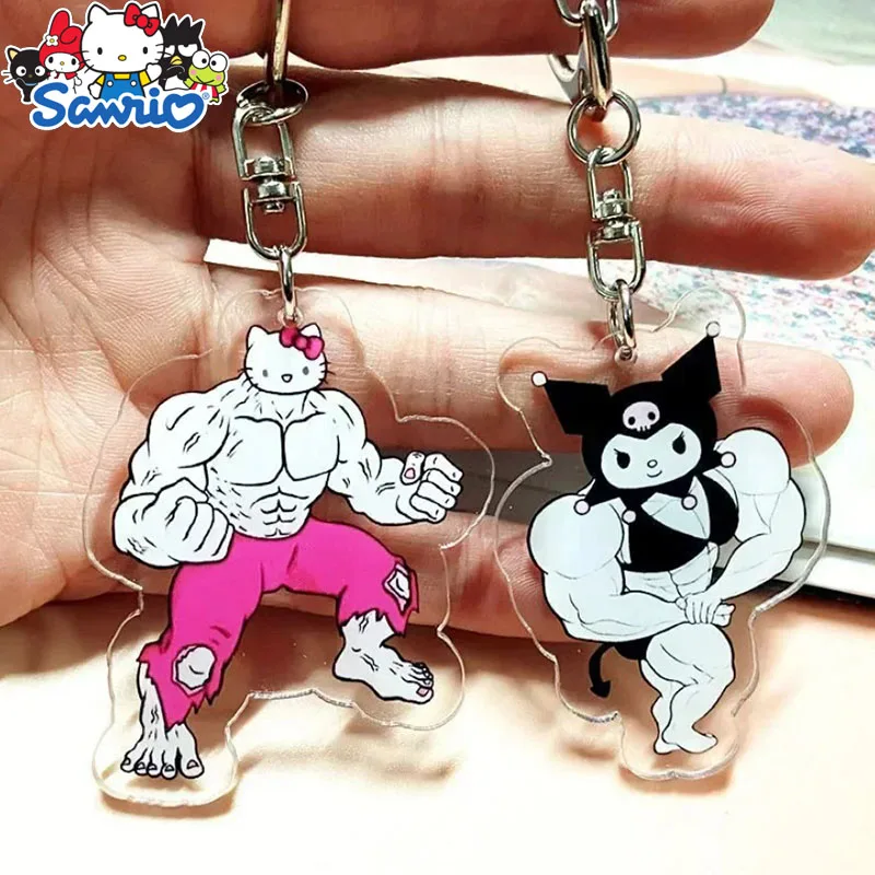 Hello Kitty Keychain Sanrio Anime Character Muscle Cinnamoroll Kuromi Interesting Shape Keychain  Backpack Pendant Children Gift