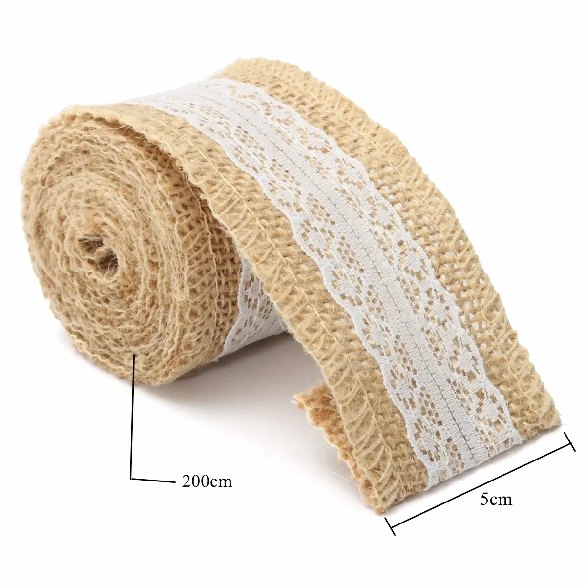 5cm x 200cm 1pcs Natural Jute Burlap Roll White Lace Hessian Trim Table Runner Bands Rusticity Wedding Decor DIY Craft