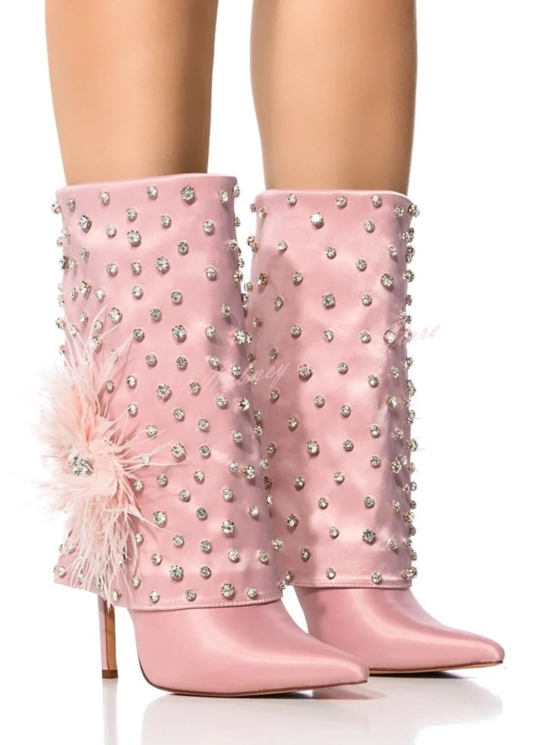 Rhinestone Feather Short Boots Pointy Toe Solid Slip On Mid Calf Boots Stiletto Heels New Style Big Size Autumn Party Women Shoe