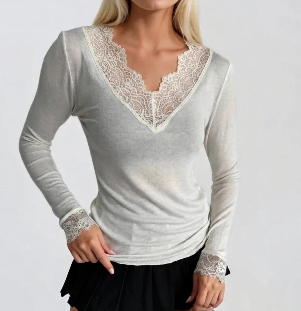 Women y2k Kawaii Harajuku Lace T-shirt Long Sleeve V Neck Lace Trim Slim Fit Fall T-Shirts Tops Streetwear