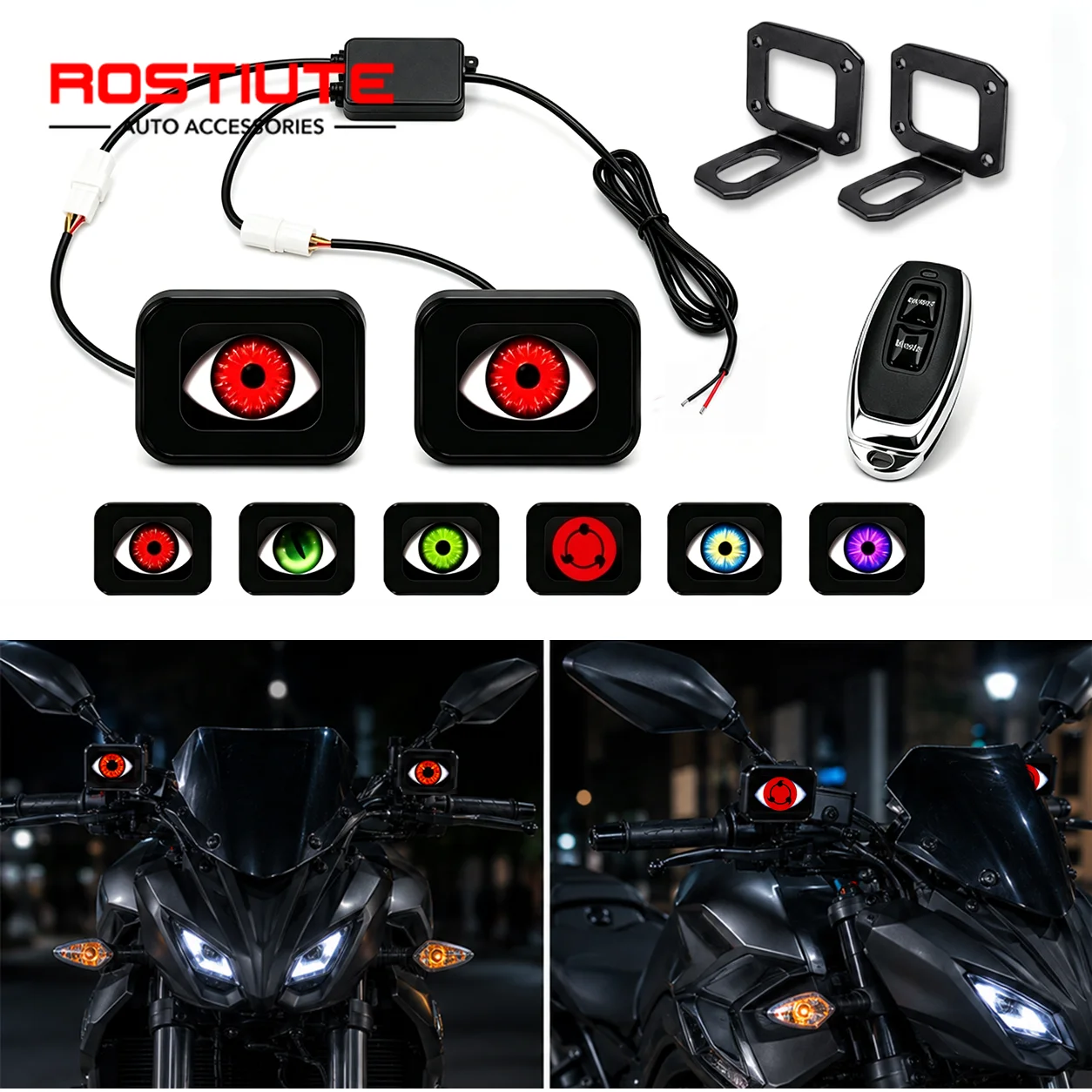 2PCS Dynamic Motorcycle LED Demon Eyes Rearview Mirror Motorbike LED Devil Eyes Wireless Remote 6 Modes Decorative Lamp 12-36V