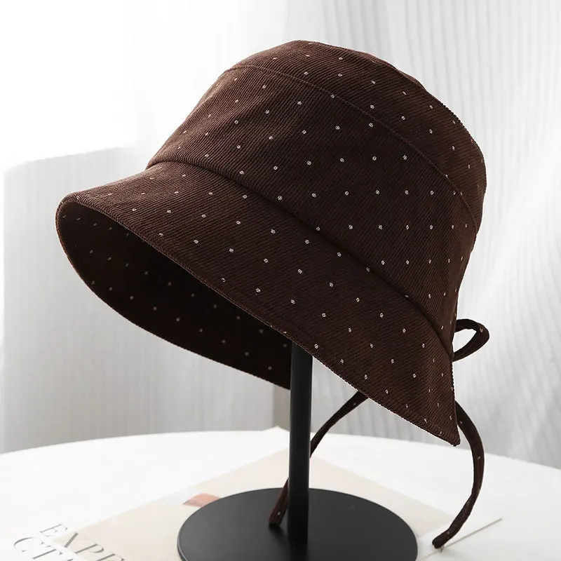 Women's Spring Autumn Polka Corduroy Bucket Hat - Back Split Face Slimming Large Casual Fisherman Cap