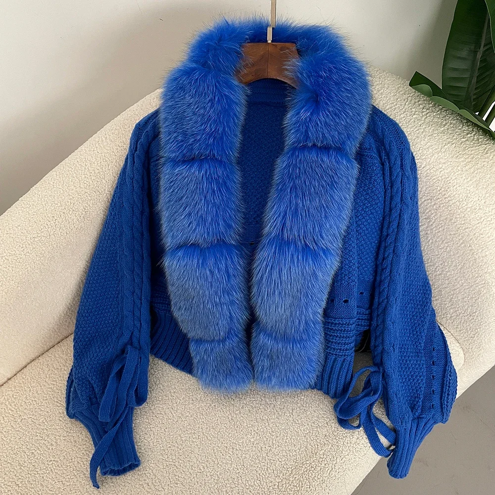 New Knitting Cardigan 2024 Winter Women Knitted Jacket with Natural Fur Placket Coat Casual Real Fox Fur New Fashion Short Warm