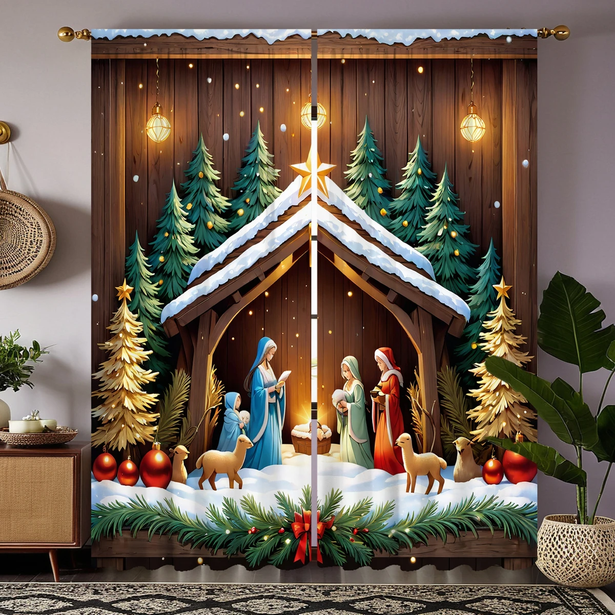 2 pieces of HD digital yellow curtains tied under the Christmas tree home decoration style decoration living room bedroom wear r