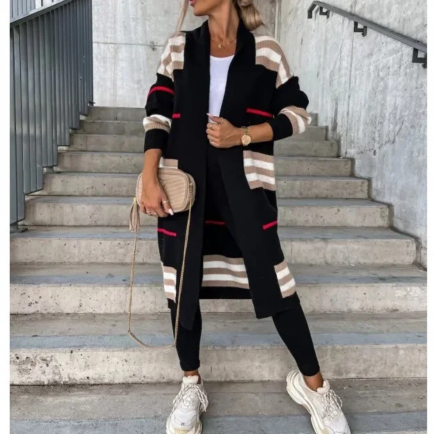 Women Sweater Spring Autumn Cardigan Coats Casual Stripes Knitted Cardigan Clothes Women Oversized Cardigan Long Sweater Coat