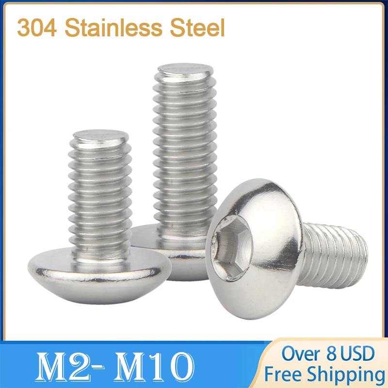304 Stainless Steel M2 M2.5 M3 M4 M5 M6 M8 M10 Hex Hexagon Socket Head  Screws Big Round Mushroom Head Button Head Bolt Screw