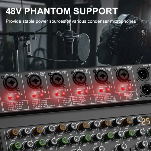 Imagen 2 del producto BOMGE Mezclador de audio 256DSP de 4/6 canales USB Bluetooth/catu daya 48V suspendu/cocok untuk studio, pangung DJ, pesta
