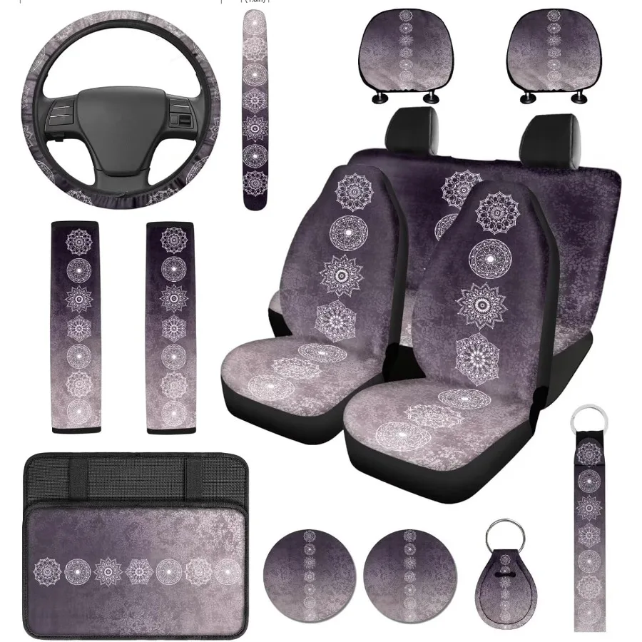 

14 Pcs Art Mandala Car Seat Covers Full Set with Steering Wheel Cover Seat Belt Covers Cup Holder Protector and Keychain Gradie
