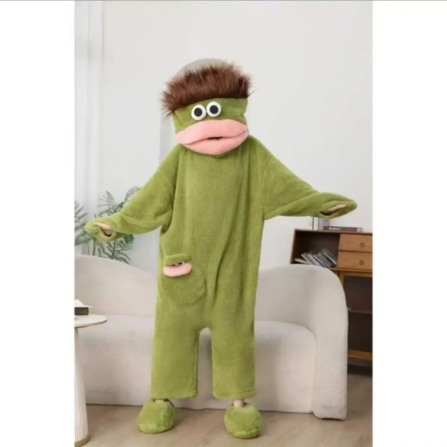 

Thiened Coral Fce Pajamas Cartoon Cute Sle Long Sve Hooded Jumpsuit Spwear for Women with Big Mouth Monster Design