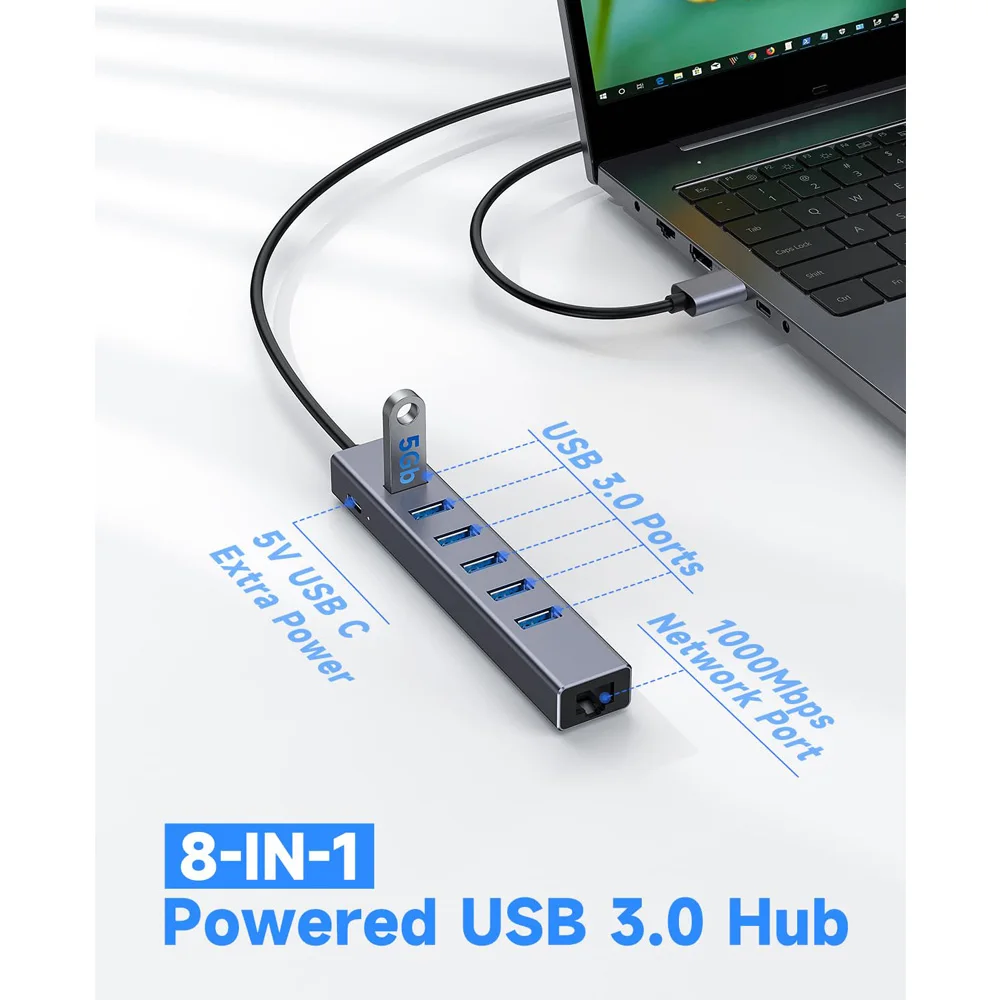 Getatek 노트북 드라이브 HDD 프린터 마우스용 USB 3.0 허브, 8-in-1 USB 허브, 6 USB 3.0 포트, 5V 추가 전력 기가비트 이더넷 포트