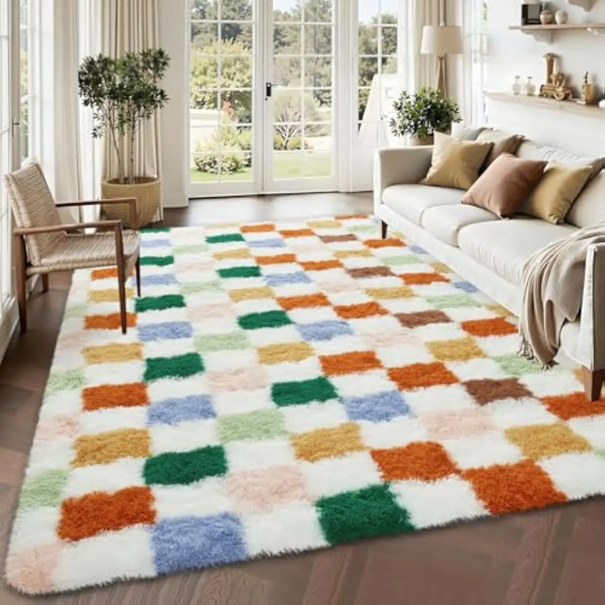 Washable Tufted Polyester Shag Rug Bold Checkerboard Pattern with Ultra-Plush 1.77 Inch Pile Softness Non-Slip Rubber