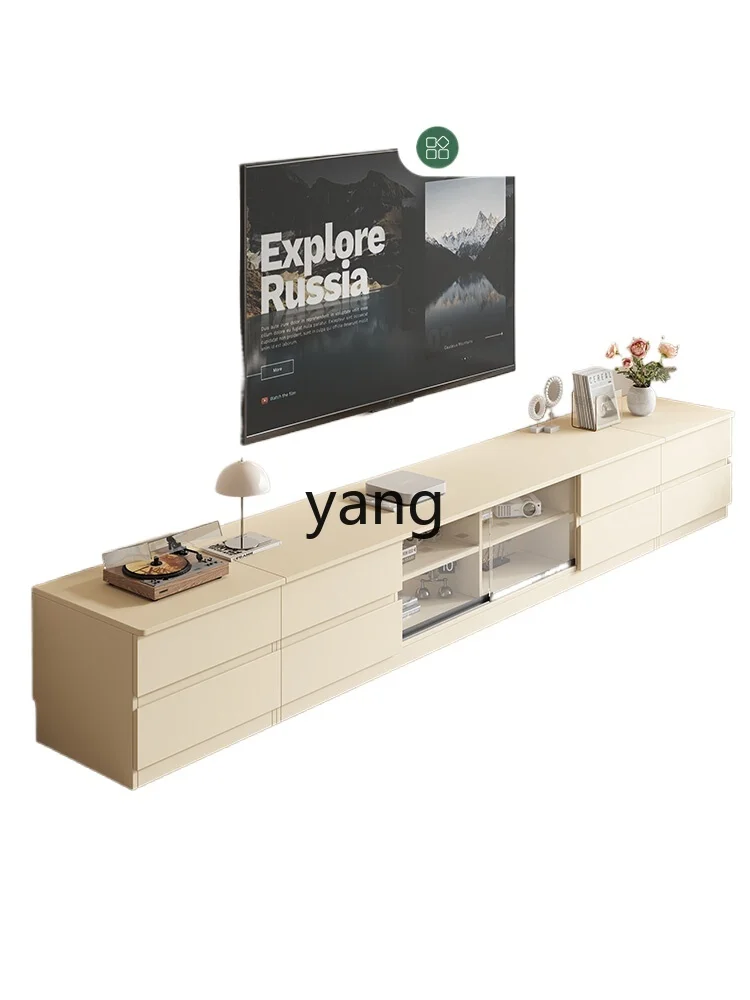 

YJQ solid wood TV cabinet storage storage integrated living room home glass white floor cabinet