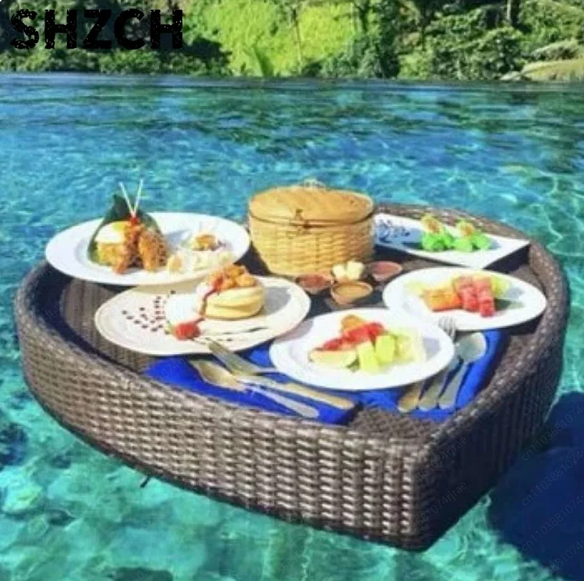 B&B Hotel Pool Floating Heart-shaped Rattan Dining Tray 80x80x20cm
