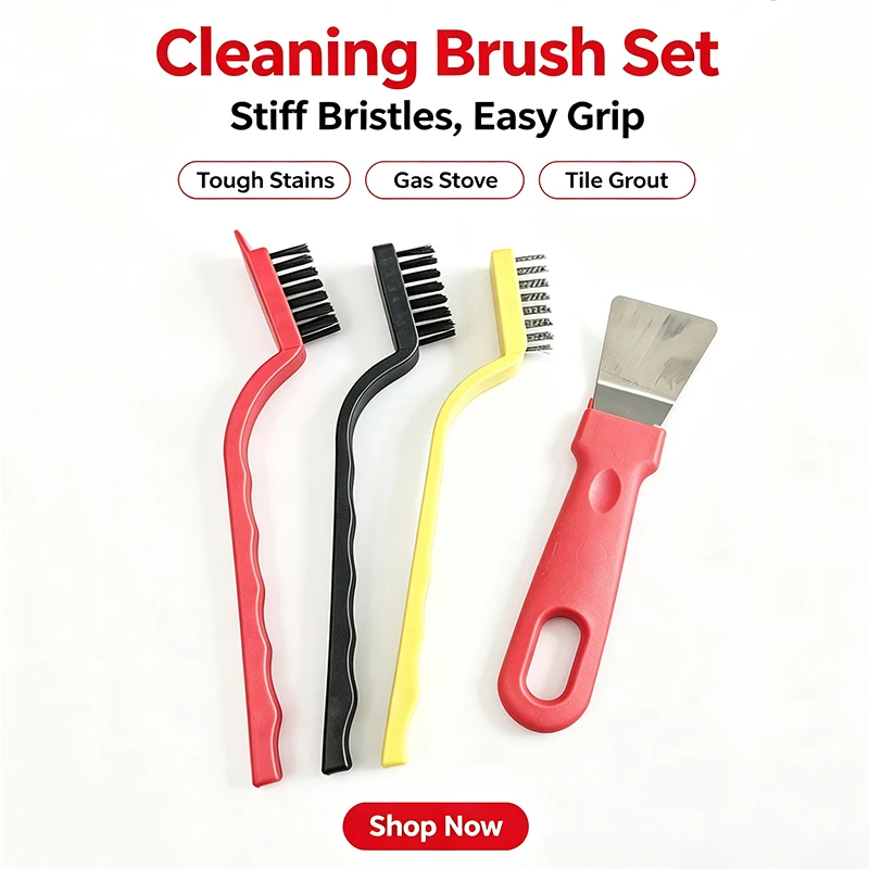 4Pcs Cleaning Brush Set Nylon Steel Wire Copper Wire Brush with Scraper for Gas Stove Tile Grout Kitchen Deep Cleaning